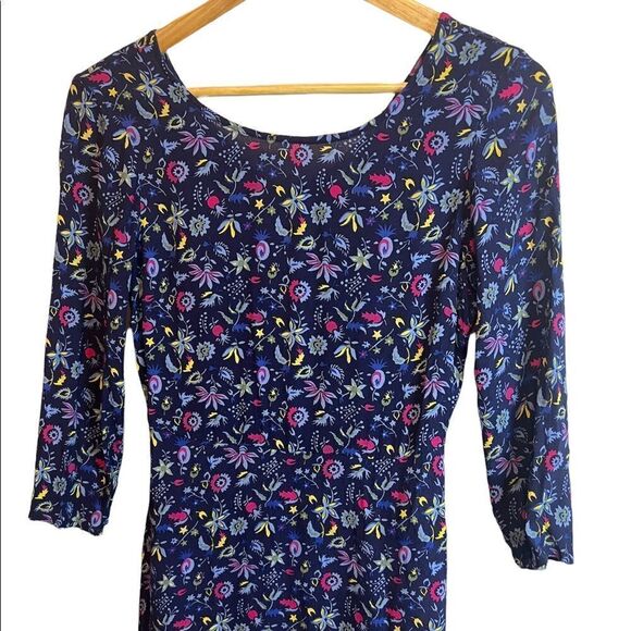 GAP Blue Floral Print Scoop Neck Long Sleeve Lightweight Flowy Mini Dress 2 - Picture 2 of 9